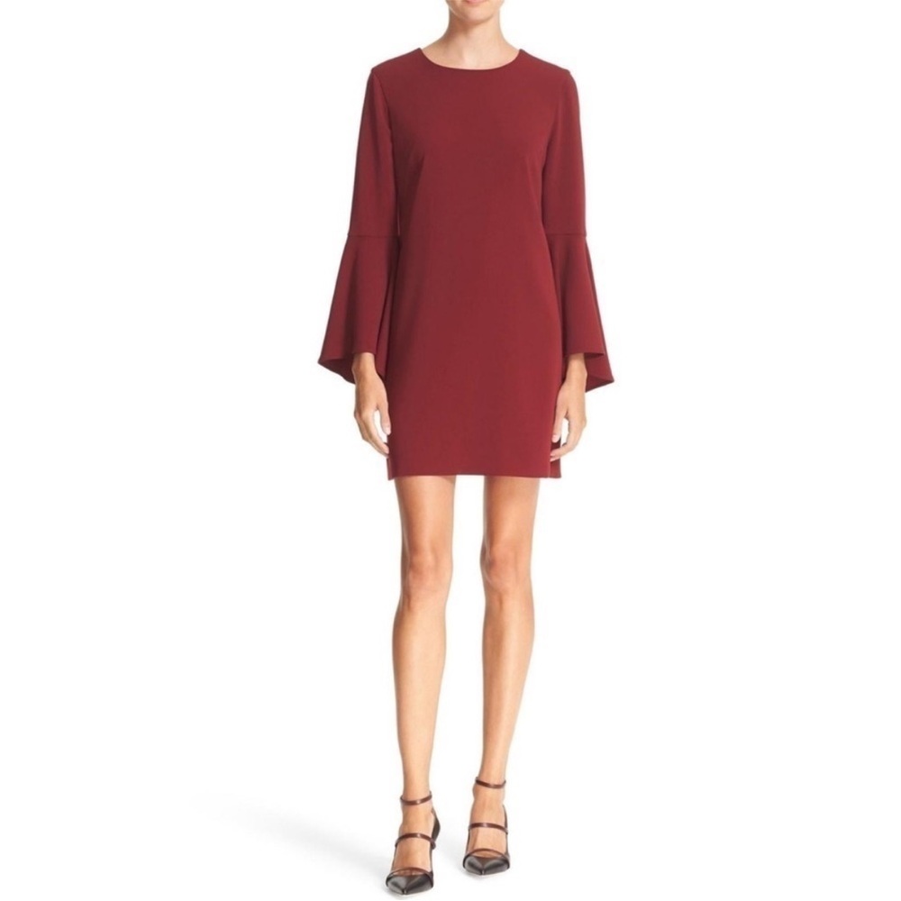 MILLY Silk Dress Ruffle Bell Sleeve Shift Dress Size 4 Plum Purple Mini Cocktail